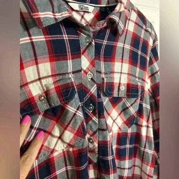 Tommy Hilfiger Denim plaid/flannel like dress Size Medium Blue/Red/White. Belted - Picture 6 of 13